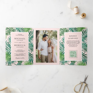 Invitation Trois Volets Mariage Code QR Tropical aux Feuilles de Palmier R