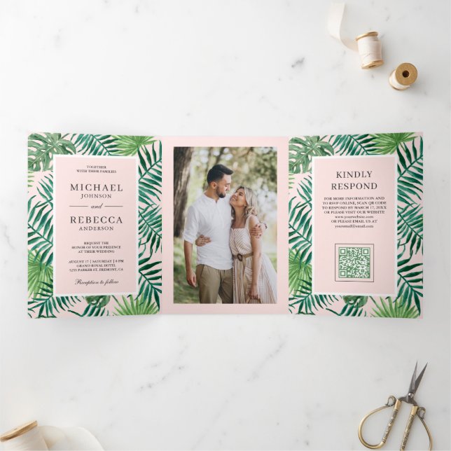 Invitation Trois Volets Mariage Code QR Tropical aux Feuilles de Palmier R (Intérieur)