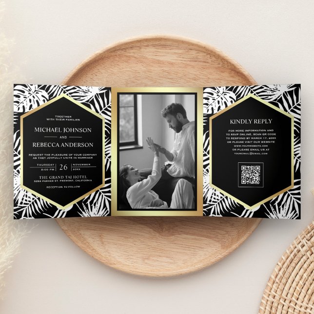 Invitation Trois Volets Mariage Code QR Tropical Palmier Or Blanc (Créateur téléchargé)