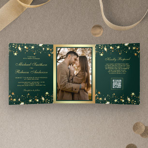 Invitation Trois Volets Mariage Code QR Vert Émeraude Confettis Étoiles Do