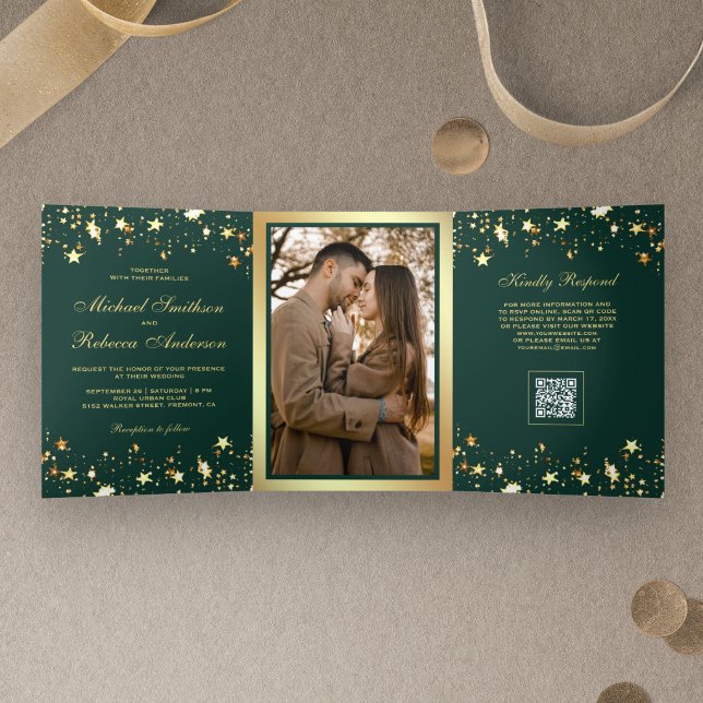 Invitation Trois Volets Mariage Code QR Vert Émeraude Confettis Étoiles Do (Créateur téléchargé)