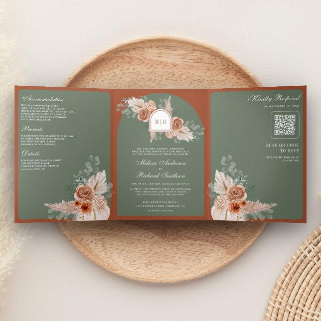 Invitation Trois Volets Mariage Code QR Vert Sage Floral Terracotta (Créateur téléchargé)