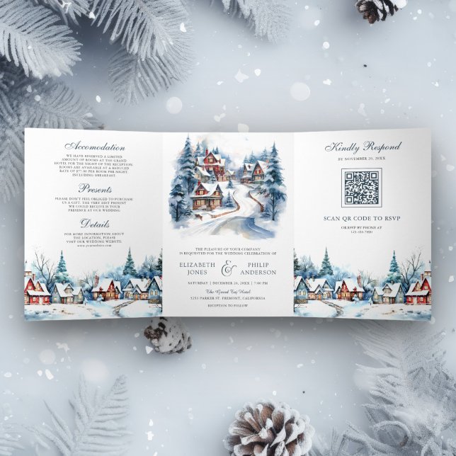Invitation Trois Volets Mariage Code QR Village d'Hiver de Noël Festif (Créateur téléchargé)