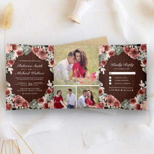 Invitation Trois Volets Mariage Collage de Photos Florales Bois Rustique M