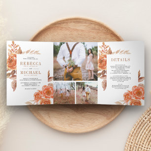 Invitation Trois Volets Mariage Collage de Photos Florales Orange Brûlé Ru