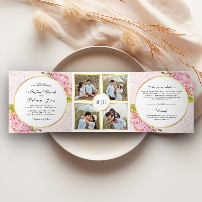 Invitation Trois Volets Mariage Collage Floral Hydrangea Rose Moderne (Créateur téléchargé)
