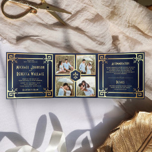 Invitation Trois Volets Mariage Collage Photo Art Déco Or Bleu Marine