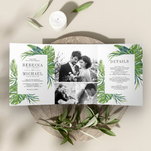 Invitation Trois Volets Mariage Collage Photo de Palmier Monstera Tropical