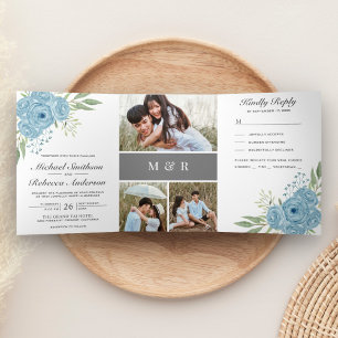 Invitation Trois Volets Mariage Collage Photo de Roses Bleu Poussiéreux Él
