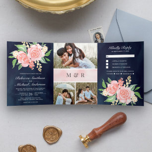 Invitation Trois Volets Mariage Collage Photo de Roses Rose Tendre Bleu Nu