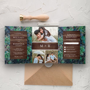 Invitation Trois Volets Mariage Collage Photo de Succulentes en Bois de Gr