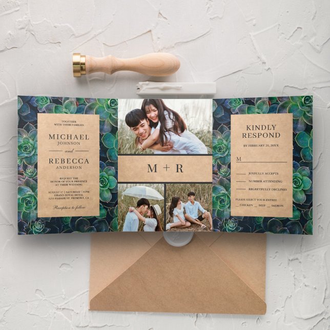 Invitation Trois Volets Mariage Collage Photo de Succulents Kraft Rustique (Créateur téléchargé)
