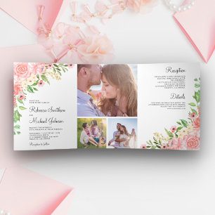 Invitation Trois Volets Mariage Collage Photo Floral Aquarelle Rose Pâle