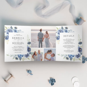 Invitation Trois Volets Mariage Collage Photo Floral Bleu Poussiéreux Rust