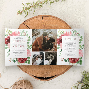 Invitation Trois Volets Mariage Collage Photo Floral Bourgogne Rose Blush