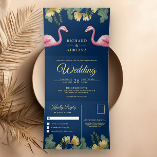 Invitation Trois Volets Mariage Couple de Flamants Roses Bleu Nuit Palmier