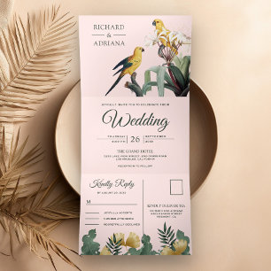 Invitation Trois Volets Mariage Couple de Perroquets Rose Jaune Tropical B