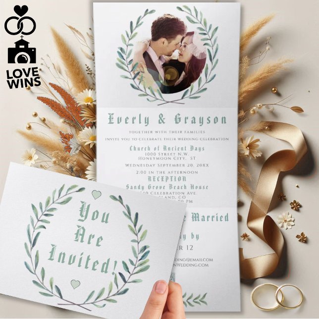 Invitation Trois Volets Mariage Couronne Bohème Bleu et Vert (Créateur téléchargé)