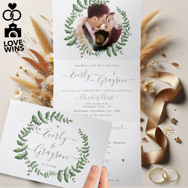 Invitation Trois Volets Mariage Couronne de Feuilles d'Olivier Vert Boho (Créateur téléchargé)