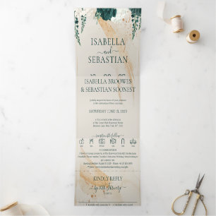 Invitation Trois Volets Mariage Crème Tout en une Rose Florale Vert Emerau