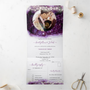 Invitation Trois Volets Mariage Cristal de Géode d'Améthyste Violet Élégan