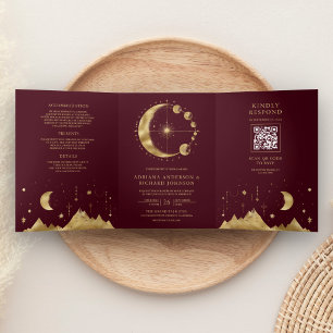Invitation Trois Volets Mariage Croissant de Lune en Bourgogne Céleste Or
