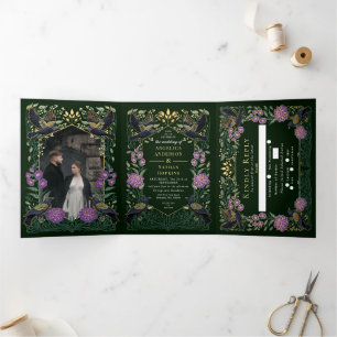 Invitation Trois Volets Mariage Dahlia Snapdragon Violet Corbeau Enchanté
