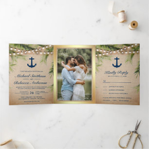Invitation Trois Volets Mariage d'Ancre de palme tropicale de Burlap