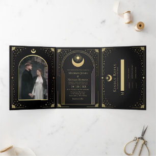 Invitation Trois Volets Mariage d'arche de la carte mystique Black Gold