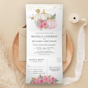 Invitation Trois Volets Mariage d'automne Citrouille blanche fleurs roses 