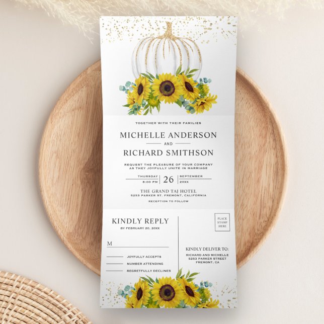 Invitation Trois Volets Mariage de automne Citrouille blanc des tournesols (Créateur téléchargé)