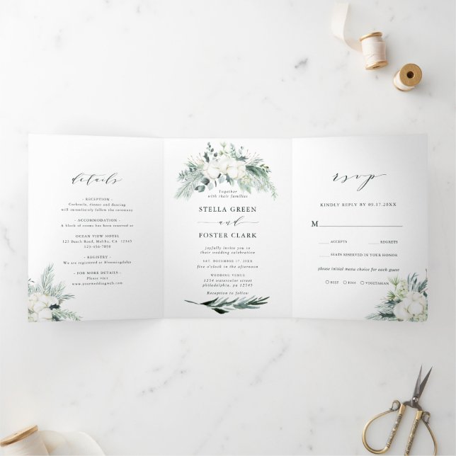 Invitation Trois Volets Mariage de bouquet à feuillage persistant et de co (Intérieur)