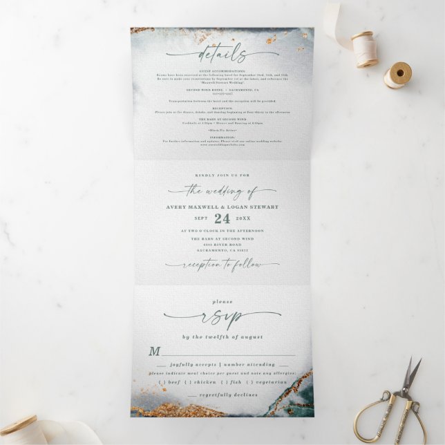 Invitation Trois Volets Mariage de budget vert de l'Eucalyptus Abstrait mo (Intérieur)