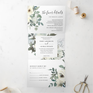 INVITATION TROIS VOLETS MARIAGE DE BUNCH EN COULEUR D'EAU FLORALE BLANC EN
