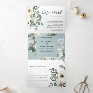 INVITATION TROIS VOLETS MARIAGE DE BUNCH EN COULEUR D'EAU FLORALE BLANC EN