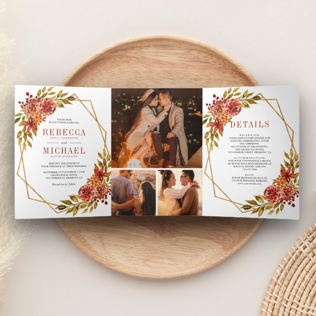 Invitation Trois Volets Mariage de cadre géométrique floral orange brulé r (Créateur téléchargé)