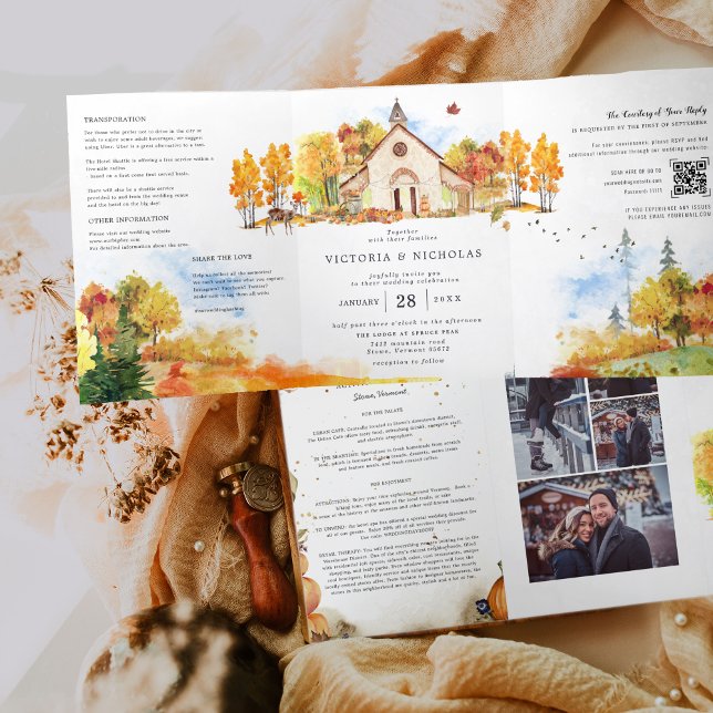 Invitation Trois Volets Mariage de chapelle d'automne rustique (Créateur téléchargé)