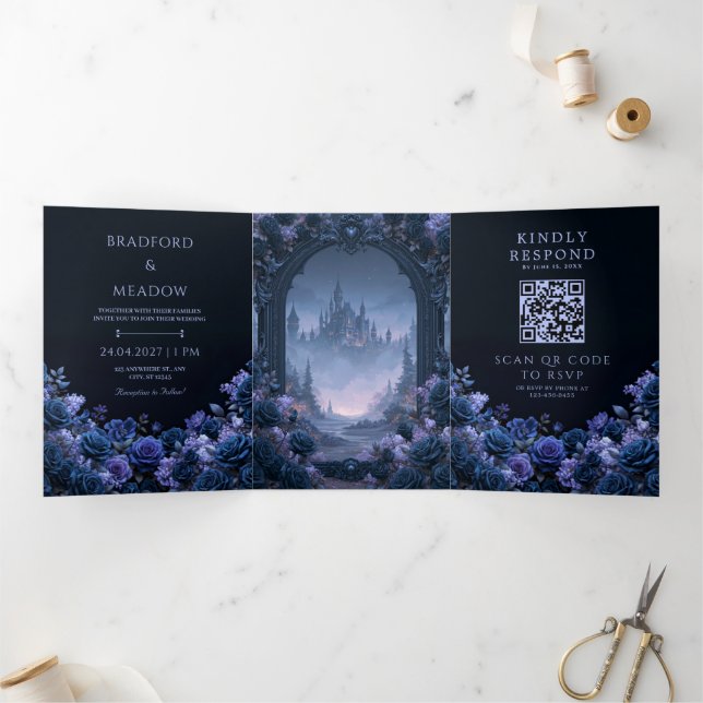 Invitation Trois Volets Mariage de château gothique à la rose bleue de min (Intérieur)