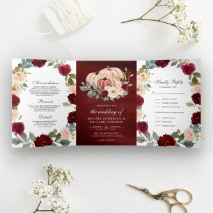Invitation Trois Volets Mariage de citrouille florale Bourgogne et pêche