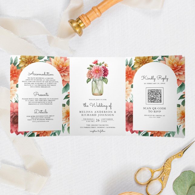 Invitation Trois Volets Mariage de code Dahlia Floral Mason Jar QR (Créateur téléchargé)