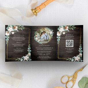 Invitation Trois Volets Mariage de code de l'Eucalyptus en or de bois rust