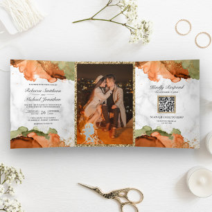 Invitation Trois Volets Mariage de code QR Abstrait en terre cuite moderne