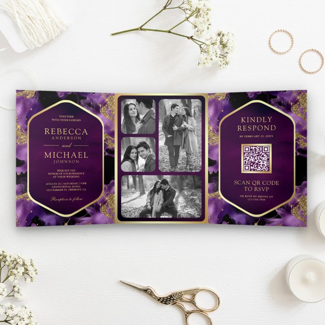 Invitation Trois Volets Mariage de code QR Abstrait Purple Gold (Créateur téléchargé)