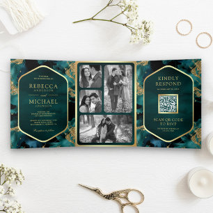 Invitation Trois Volets Mariage de code QR Abstrait turquoise Gold