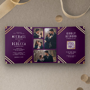 Invitation Trois Volets Mariage de code QR Art Déco géométrique violet or
