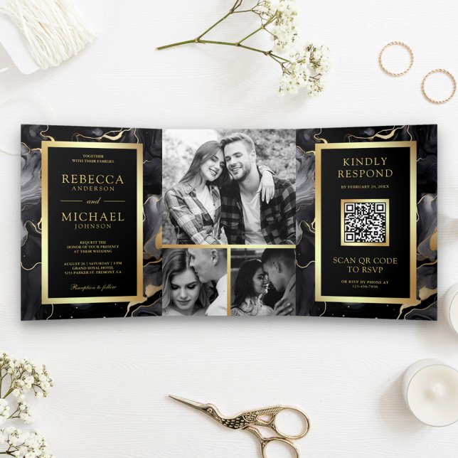 Invitation Trois Volets Mariage de code QR Black Gold Fluid Ink (Créateur téléchargé)