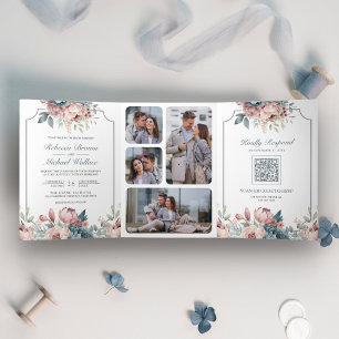 Invitation Trois Volets Mariage de code QR couleur bleu et rose