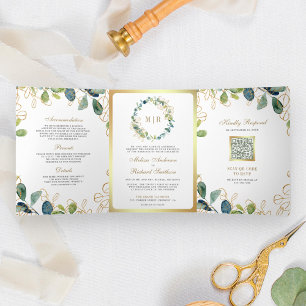 Invitation Trois Volets Mariage de code QR de la couronne d'or rustique