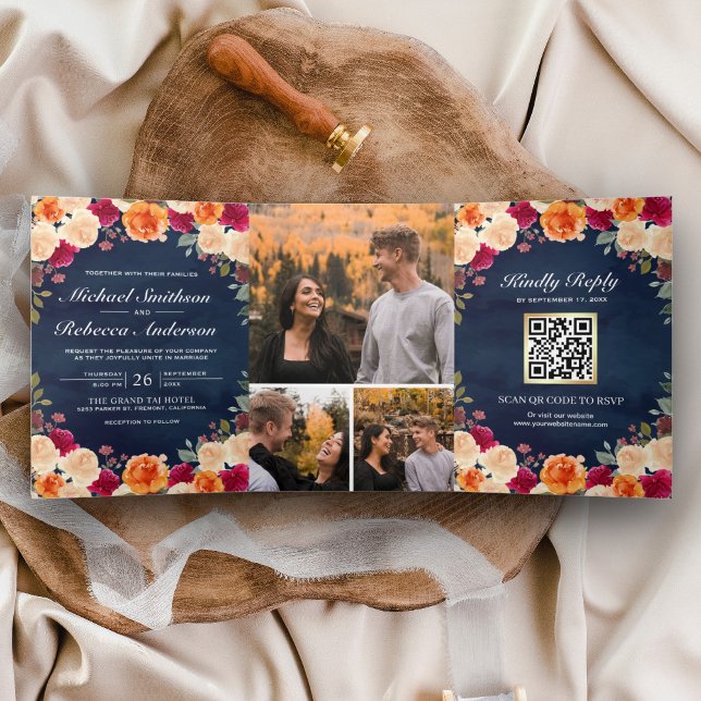 Invitation Trois Volets Mariage de code QR de la marine florale Burange Bu (Créateur téléchargé)