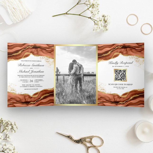 Invitation Trois Volets Mariage de code QR de l'encre Abstraite en terre c (Créateur téléchargé)